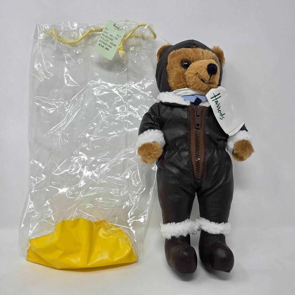HARRODS AVIATOR MCGUIRE PILOT BEAR IN FAUX LEATHER BOMBER JACKET HAT & SCARF